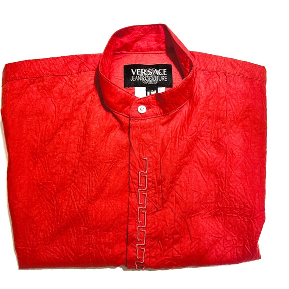 red versace dress shirt Checked Cotton-Poplin Slim Shirt Red,White